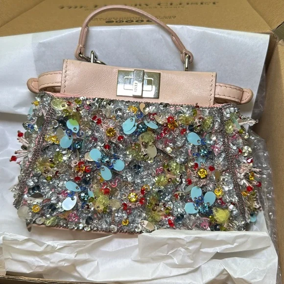 Fendi Beige Leather Micro Peekaboo Embellished Crossbody - Picture 3 of 14